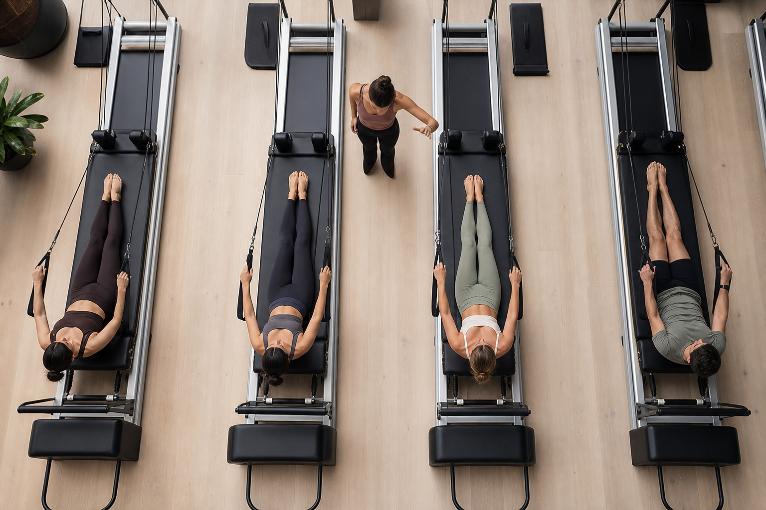 A top-down view of a modern, organized Pilates studio floor with several reformer machines neatly ar