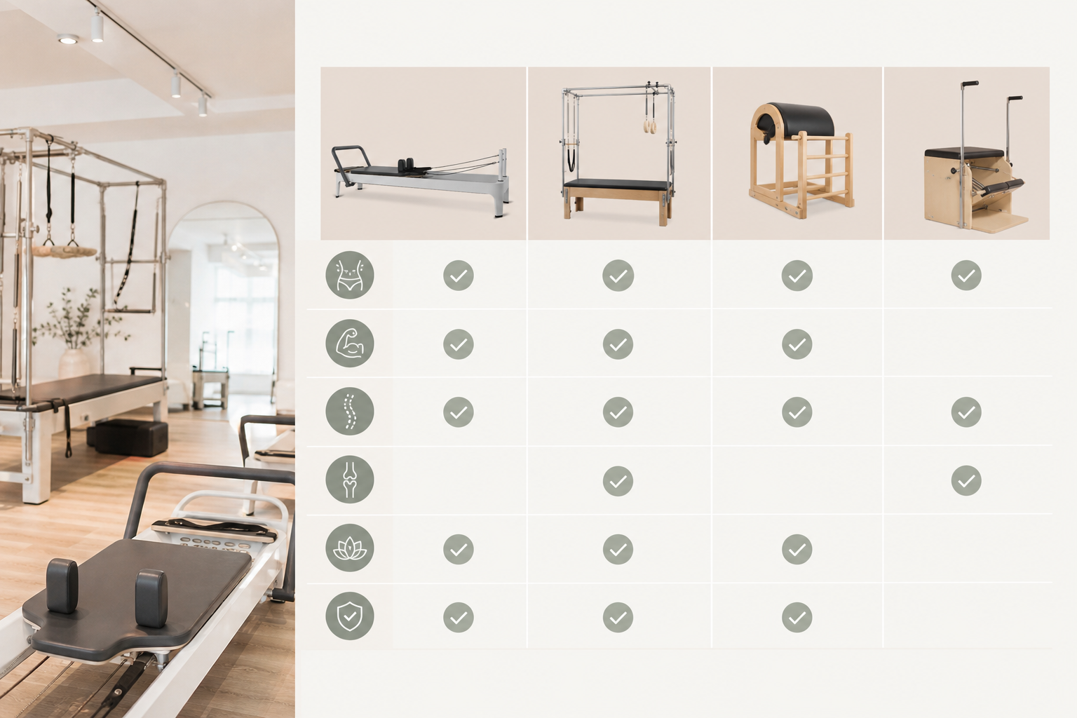 A clear, professional infographic layout showing a comparison of fitness studios, featuring icons of