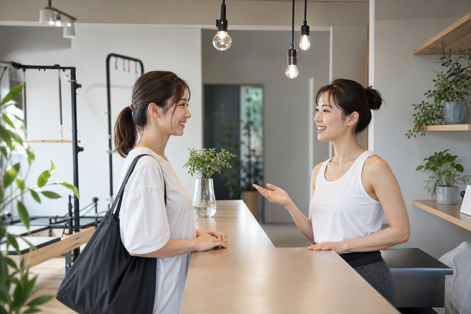 ピラティススタジオの受付カウンターで、女性がスタッフから案内を受けている様子。清潔感のあるスタイリッシュなスタジオの内観。これから体験レッスンに向かうワクワク感が伝わる、爽やかで前向きな写真風の画像。
