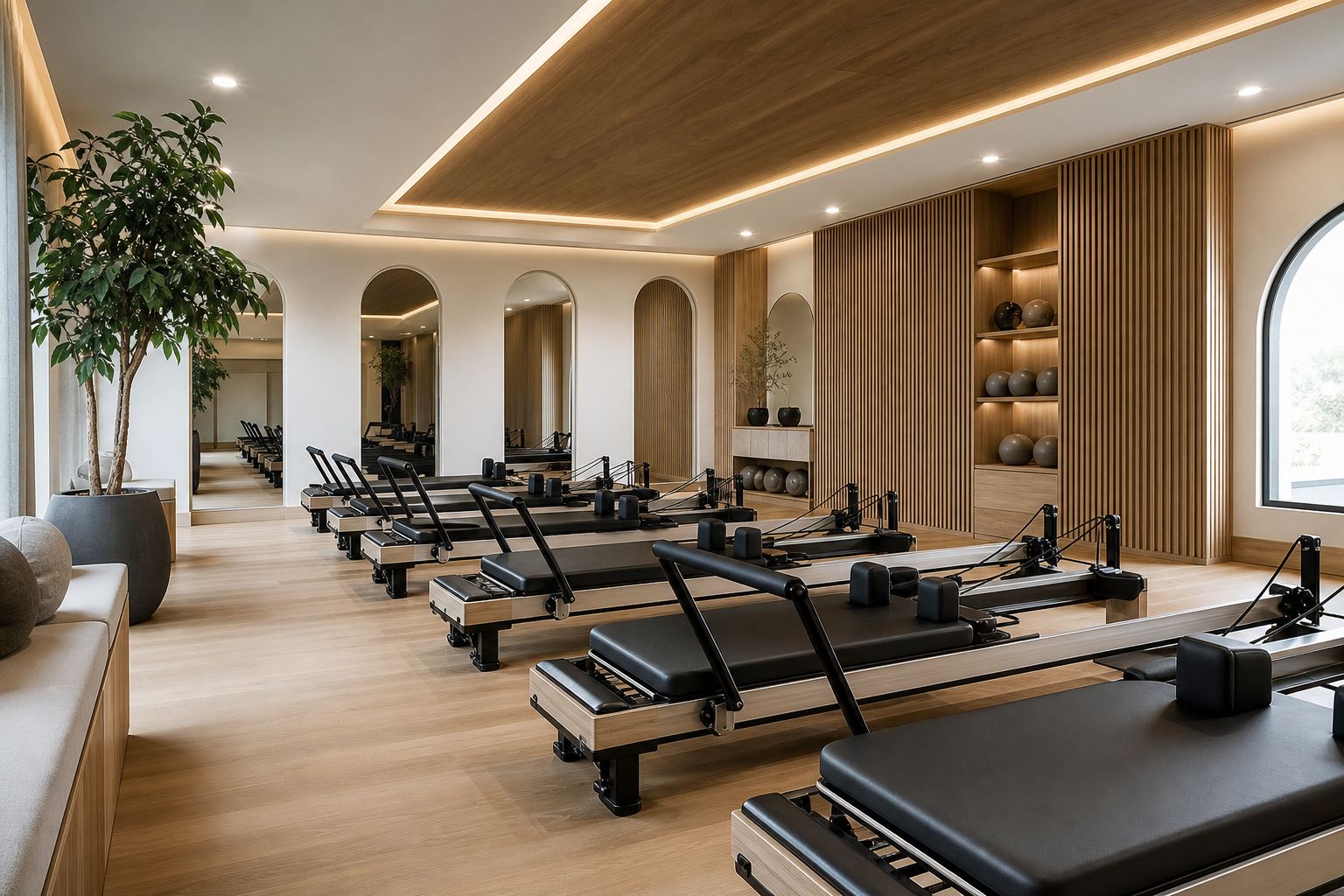 A stylish and modern Pilates studio interior featuring a row of reformer machines, wide angle shot,