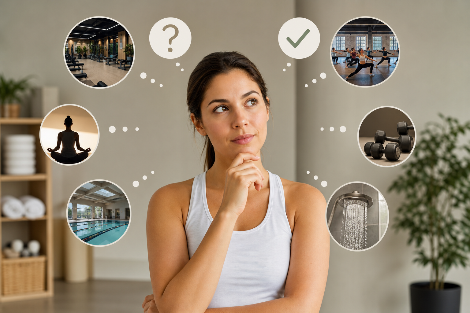 Conceptual illustration of a person thinking about choosing a fitness studio, surrounded by simple i