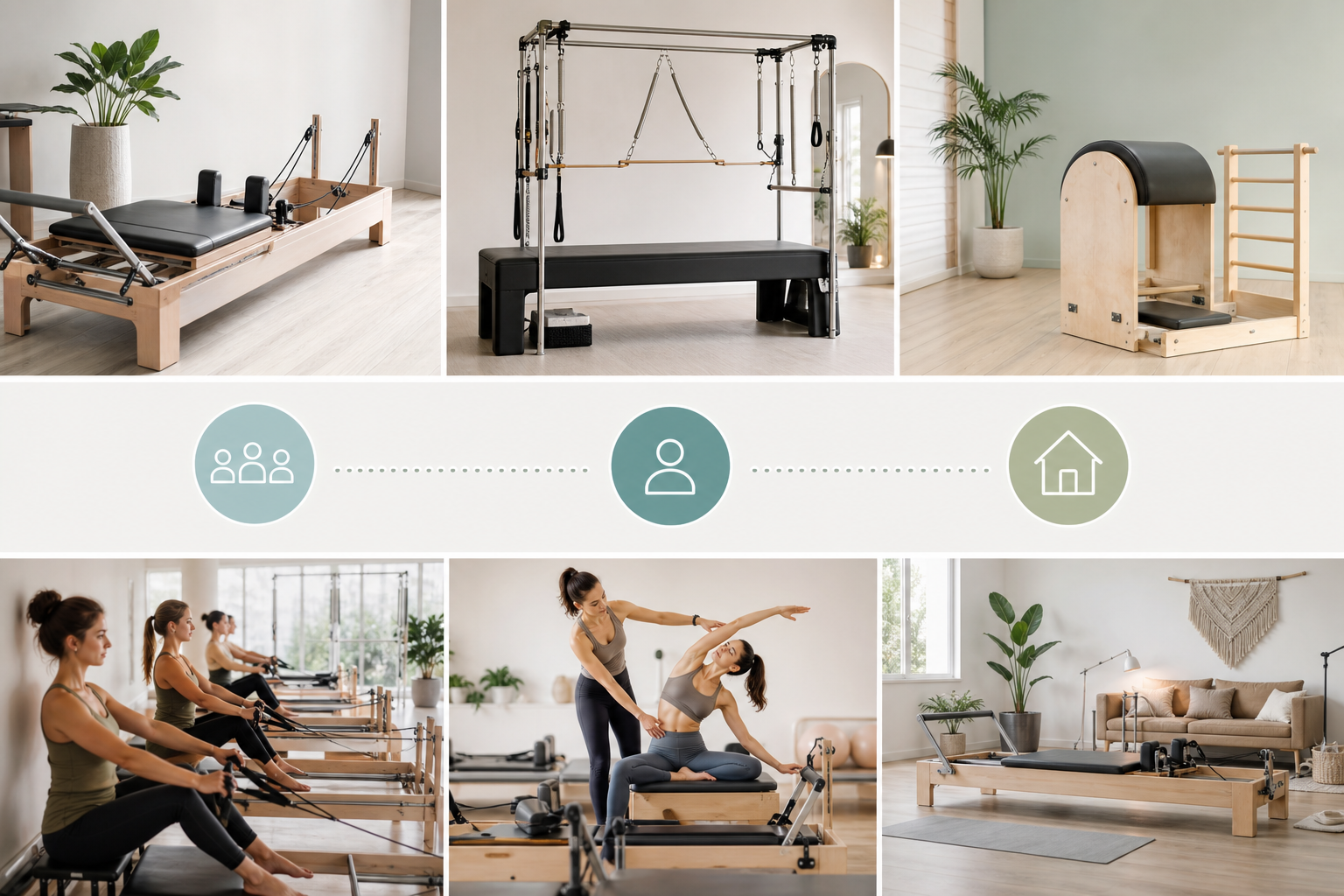A comparison concept illustration showing a variety of pilates machine types and studio options, cle
