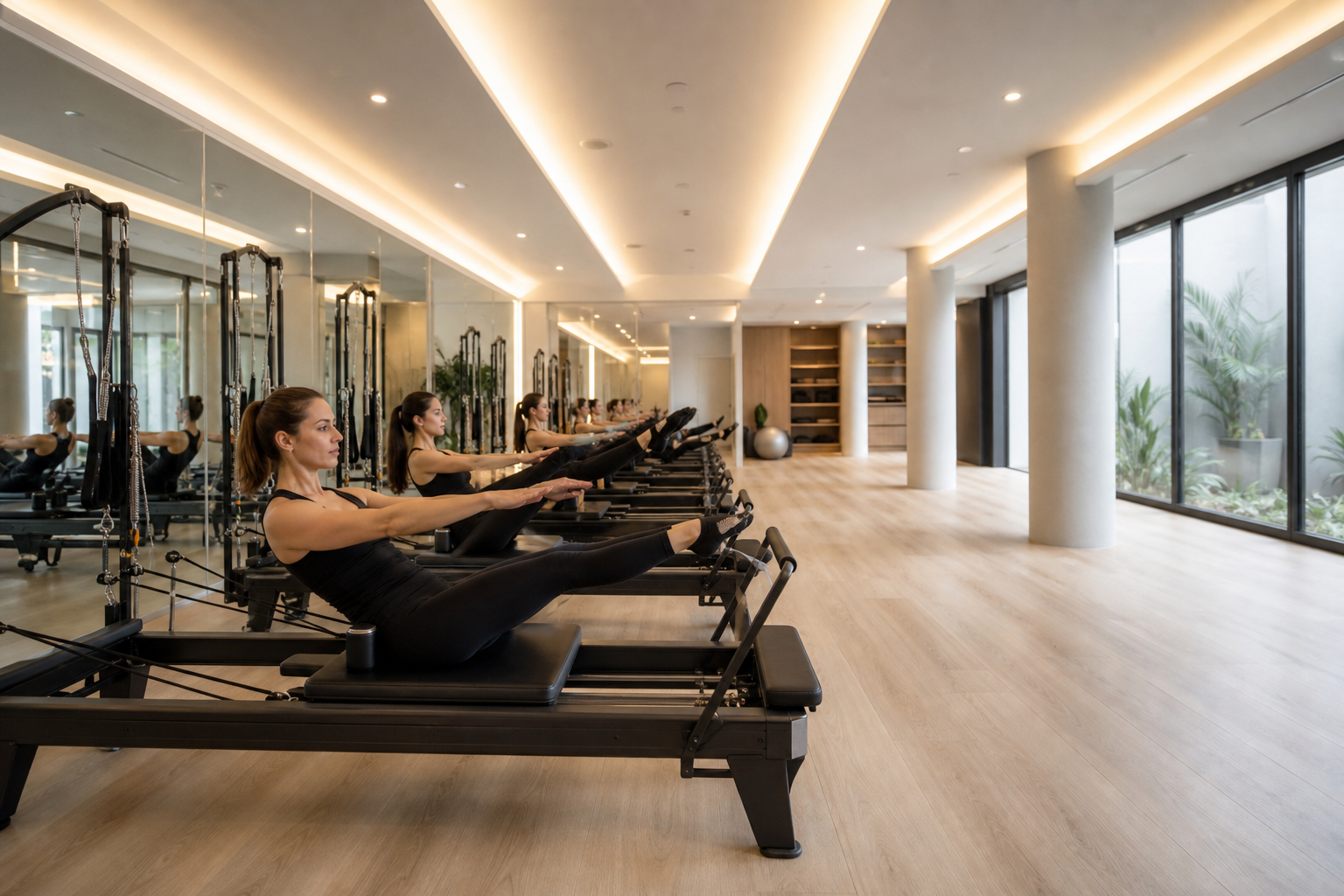 A modern, professional pilates studio space with a row of reformer machines, wide angle shot showing