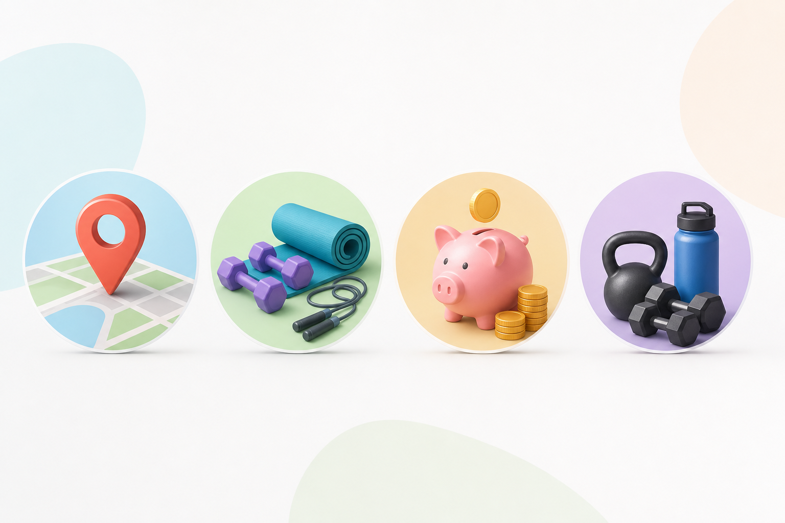 A clean, modern, and conceptual infographic illustration showing 4 icons representing 'location', 'l