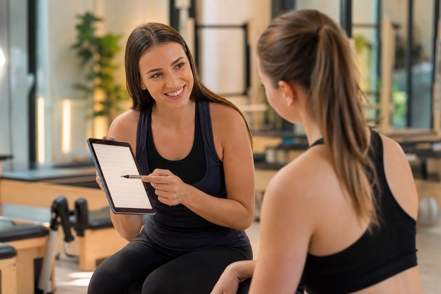 A helpful, friendly female instructor talking to a student in a studio environment, pointing at a cl