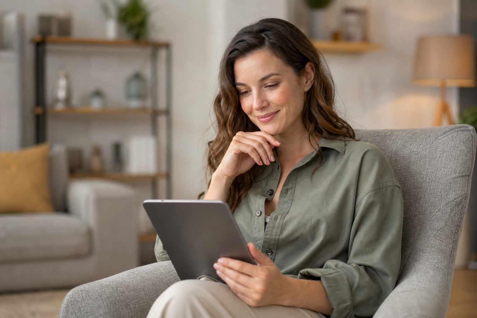 An illustration or high-quality image of a person looking thoughtful but relieved while reading a ta