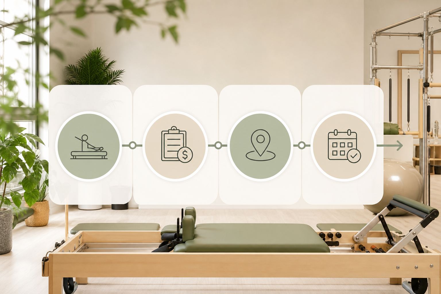 A clear, professional infographic showing a flow chart for choosing a pilates studio. Icons represen