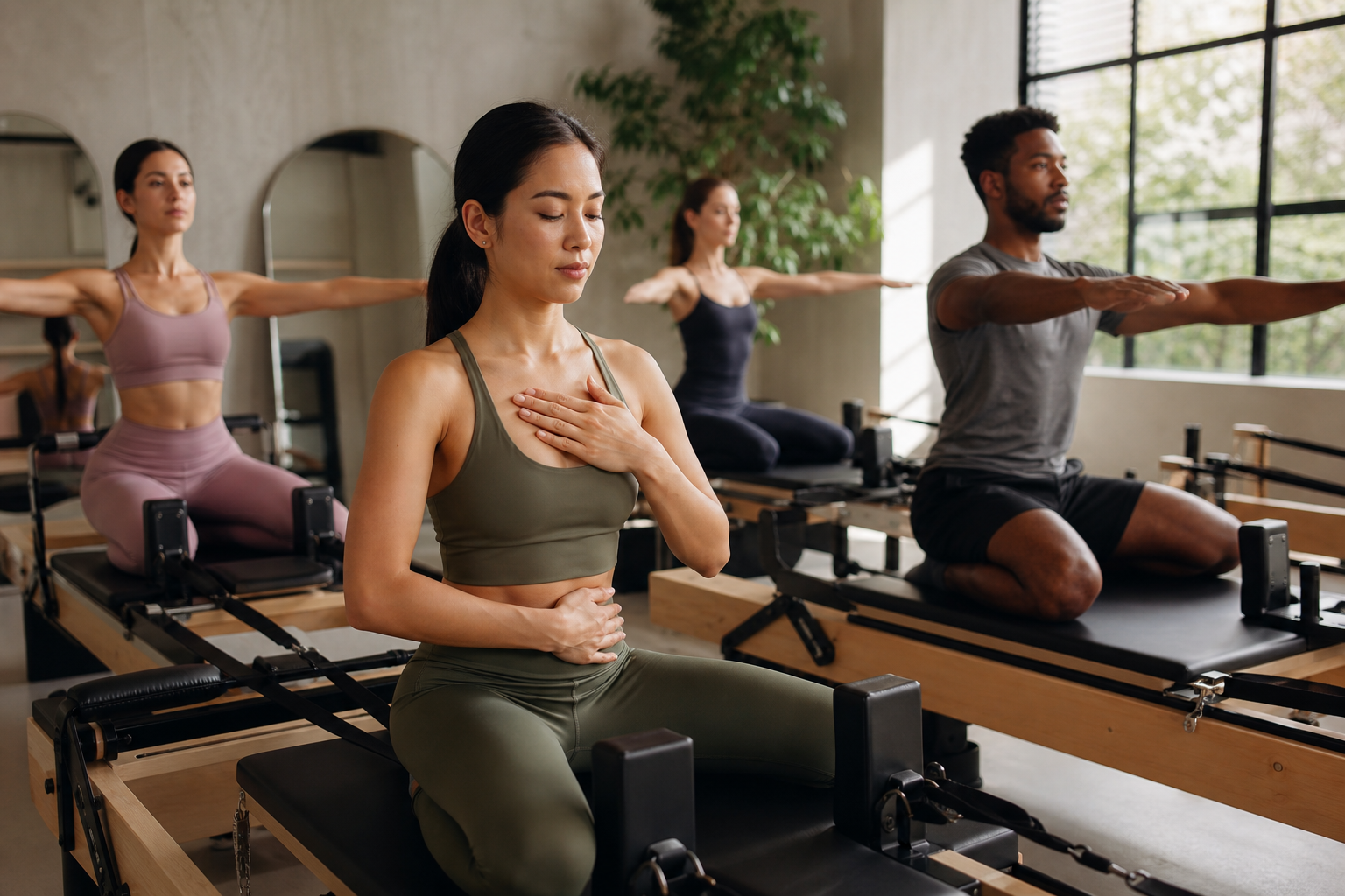 A diverse group of people performing pilates exercises on reformers, highlighting benefits like 'pos