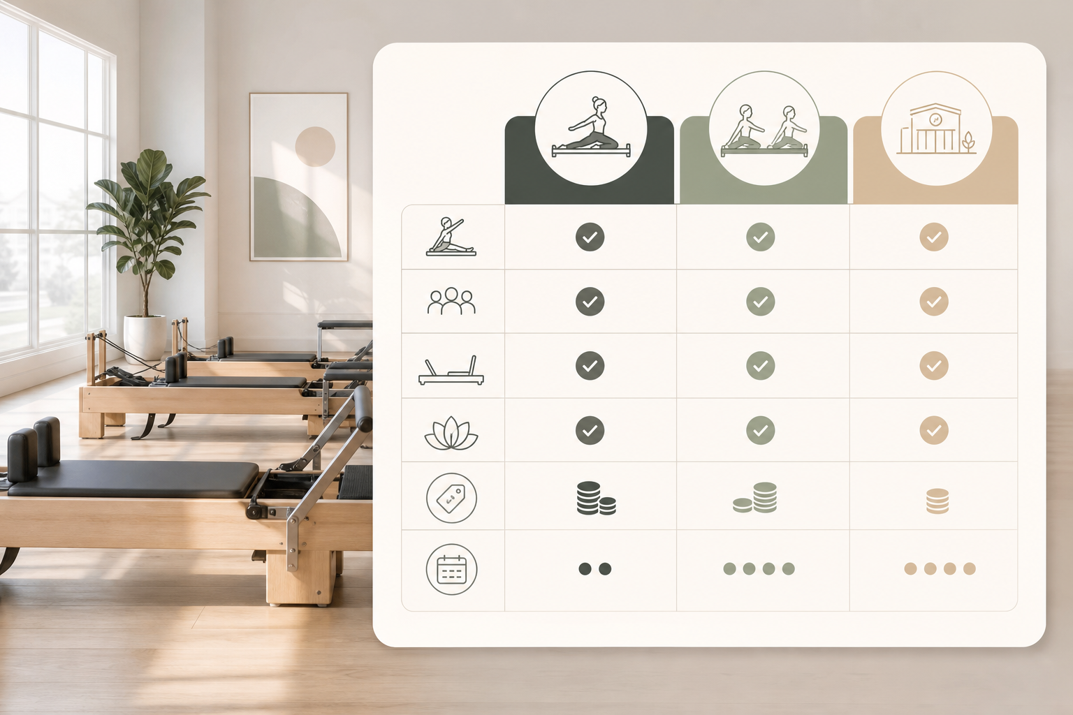 An organized and easy-to-read comparison chart design showing different Pilates studio features like