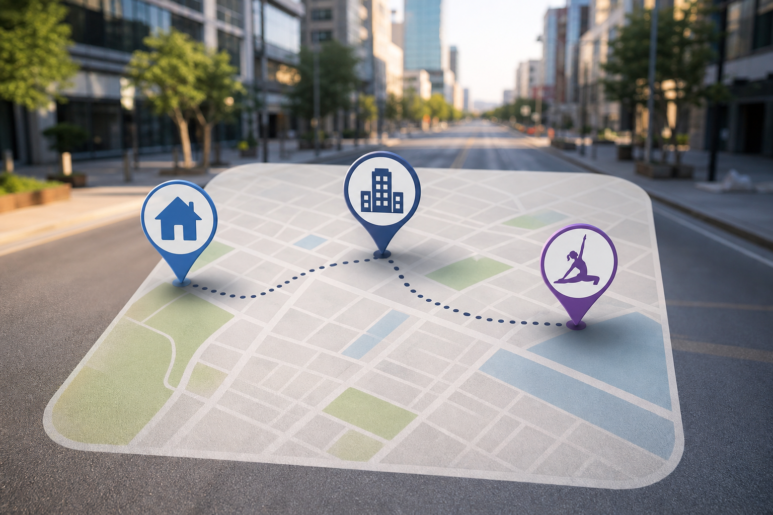 An illustration of a map overlay on a city street, featuring stylized icons of a house, an office bu