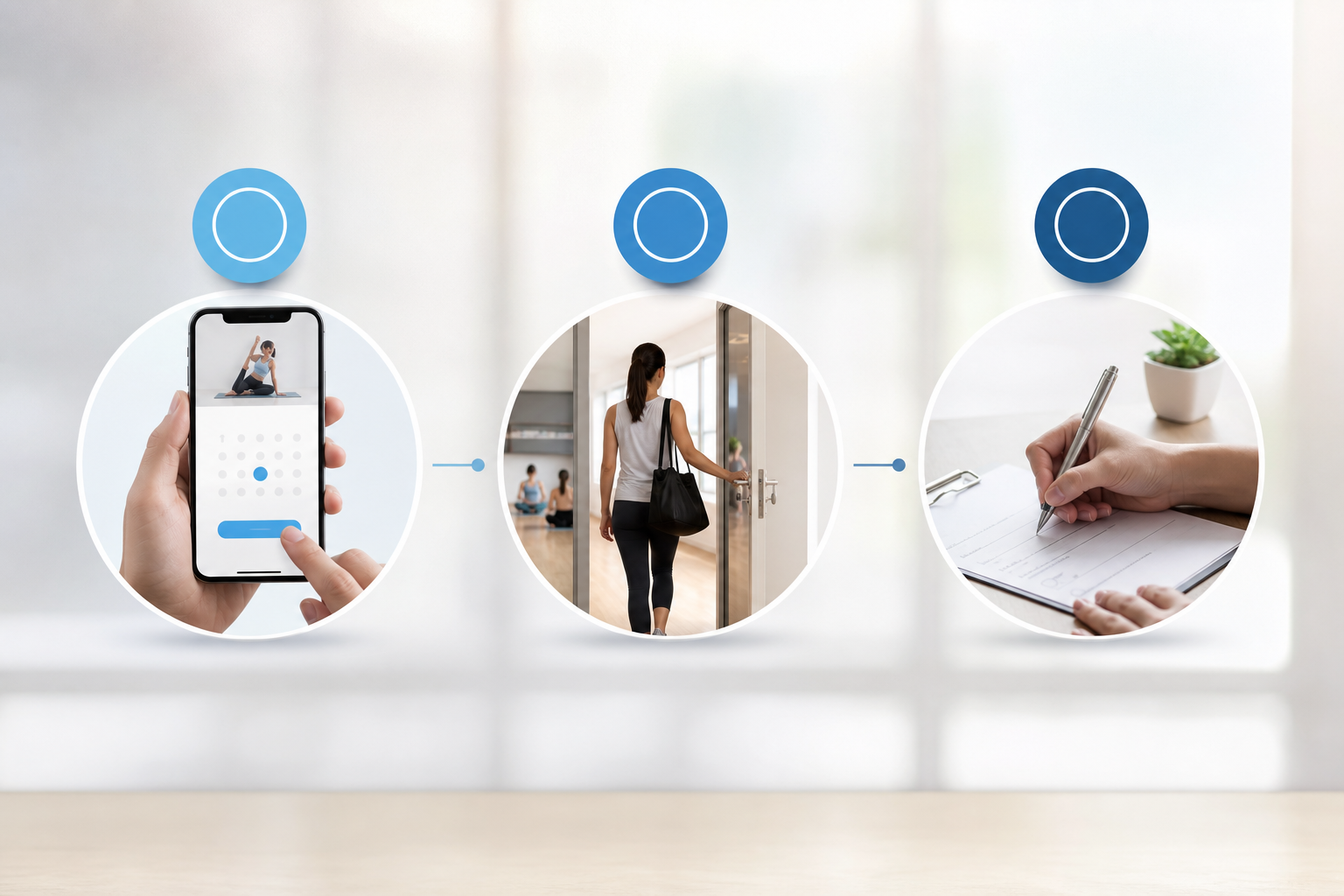 A step-by-step visual infographic showing the progression from booking a class to attending and sign
