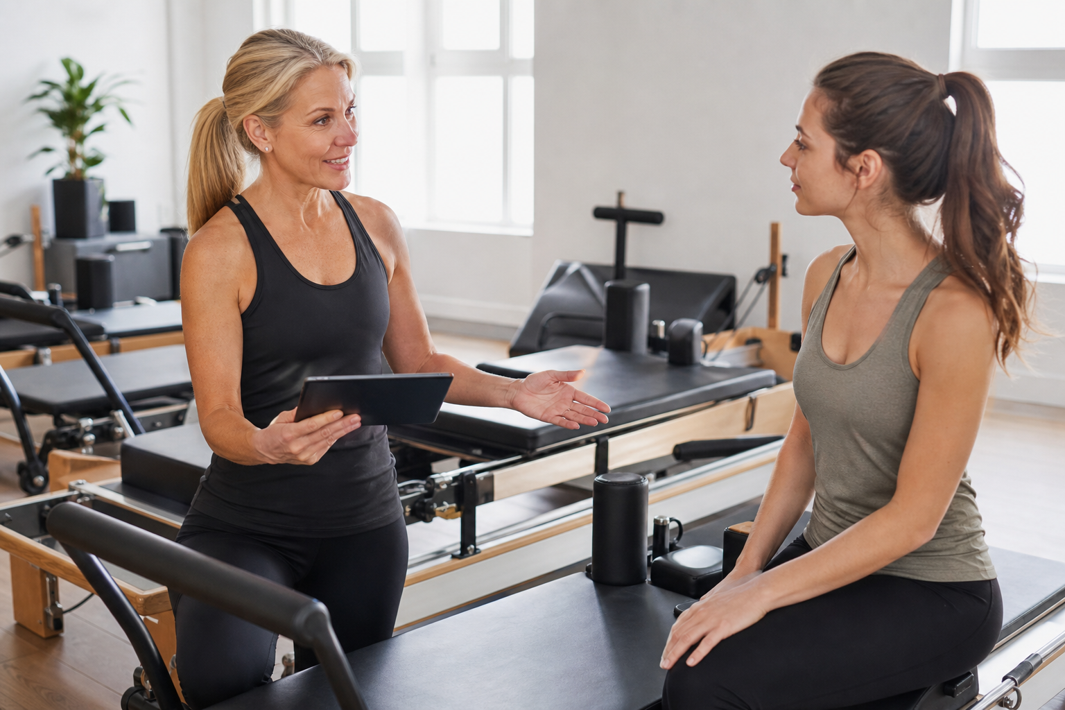 A friendly Pilates instructor talking to a young woman in a bright, modern studio. The instructor is