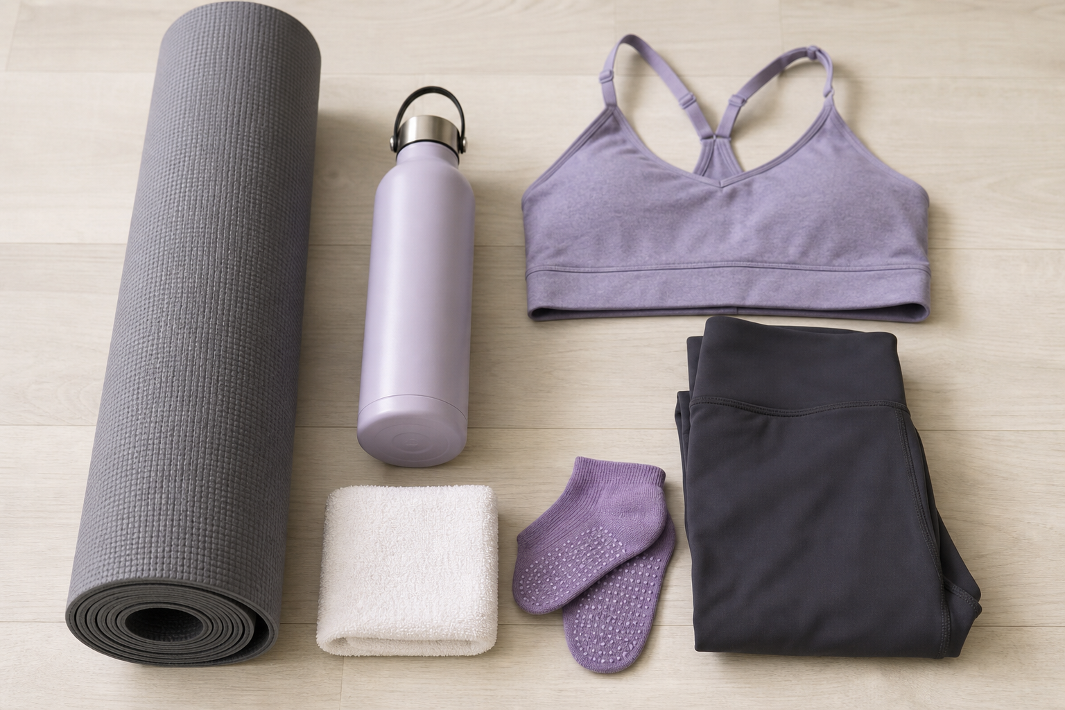 Flat lay photography of essential items for a first-time Pilates lesson: a comfortable yoga mat or n