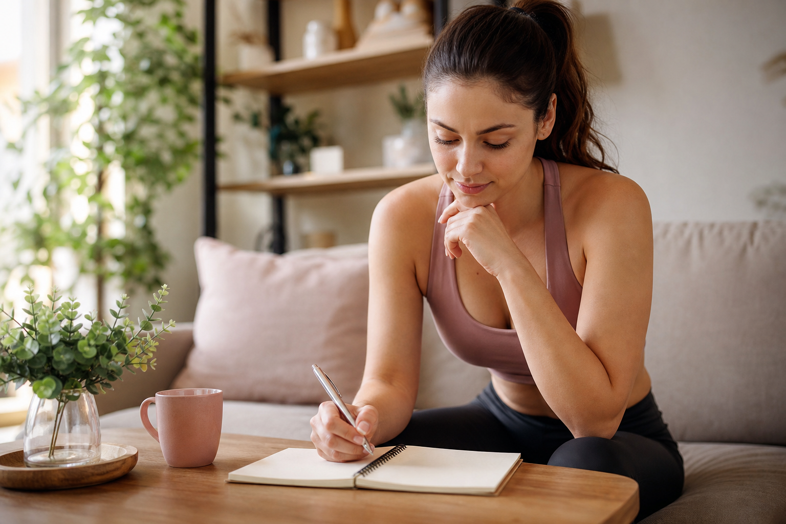 An illustration of a young woman sitting in a cozy room, writing down her fitness goals and health c