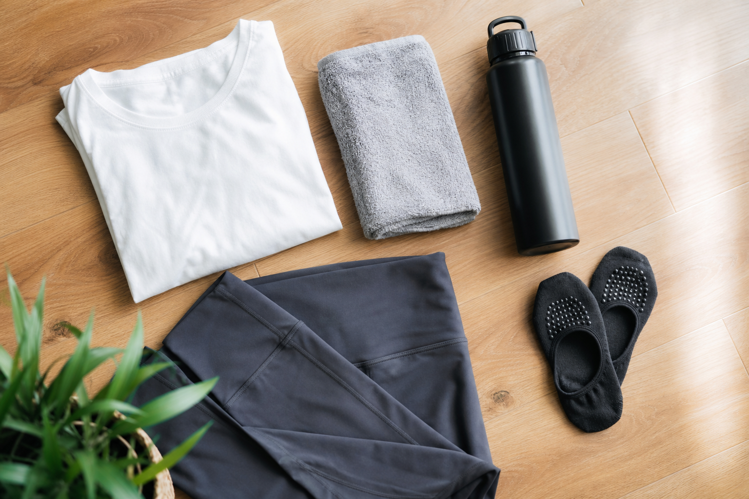 A flat-lay photograph on a wooden floor showing essential items for a pilates lesson: a comfortable