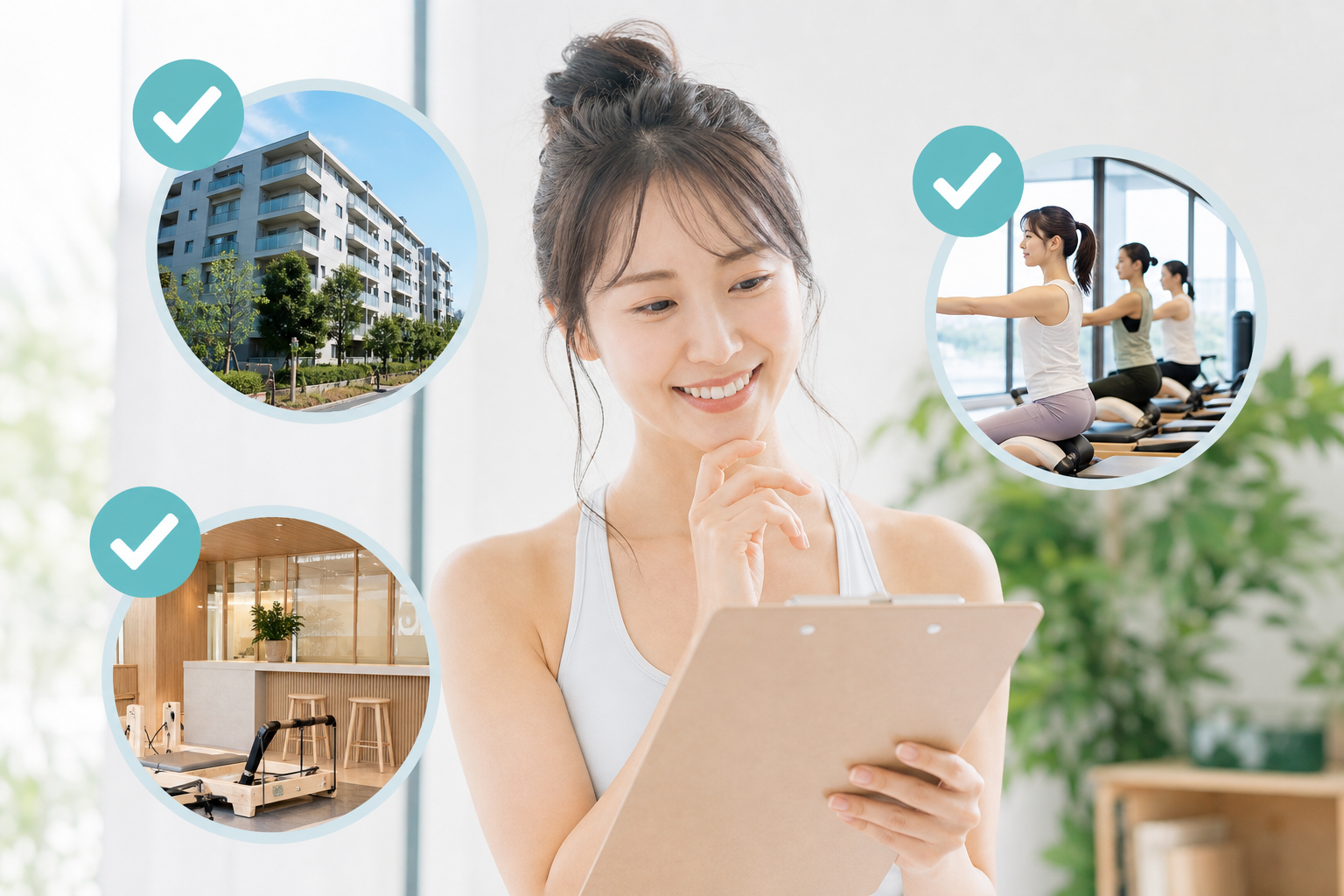 ピラティススタジオ選びの3つのポイント(立地、レッスン形式、体験内容)を解説するインフォグラフィック風のイラスト。女性がチェックリストを確認しながら笑顔でスタジオを選んでいる様子。清潔感のあるフラット