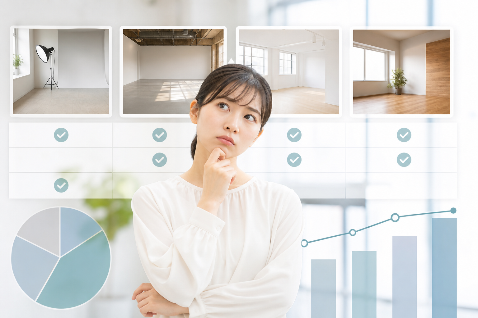 スタジオの比較表をイメージした図解。複数の選択肢の中から自分に合う場所を見つけようと悩んでいる人物のイラスト。比較・検討を連想させるグラフやチェックマークを背景に配置した清潔感のあるデザイン。