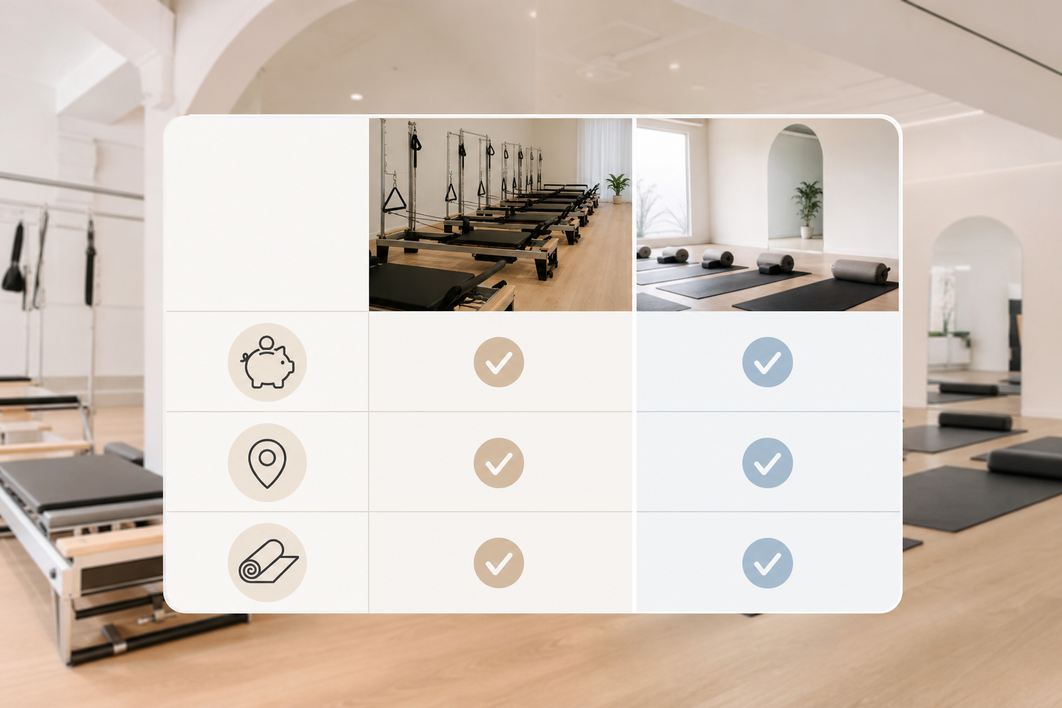 An infographic-style illustration comparing two different pilates studios, clean minimalist table de