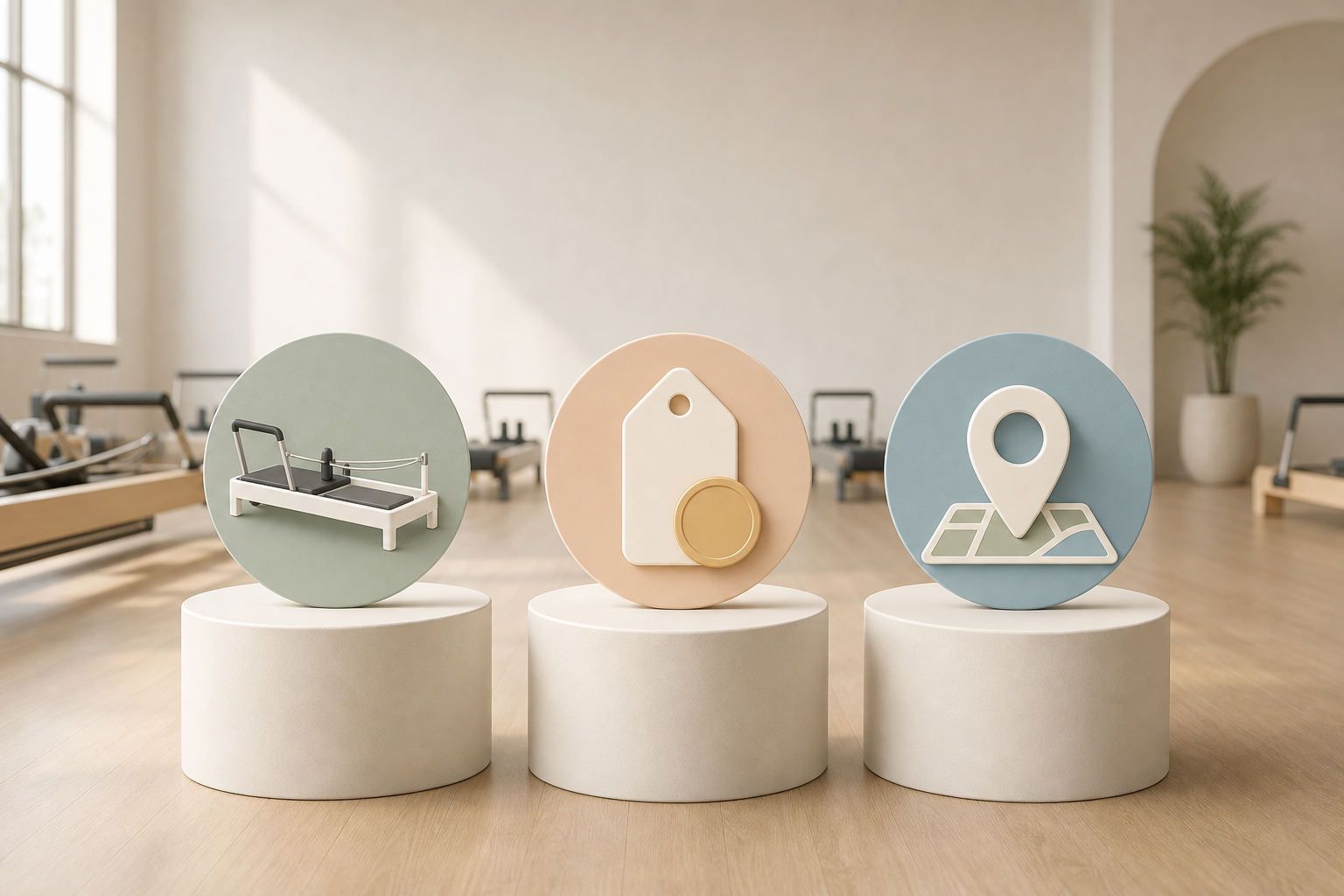 An illustration showing three steps or pillars of choosing a Pilates studio. Icons representing a be
