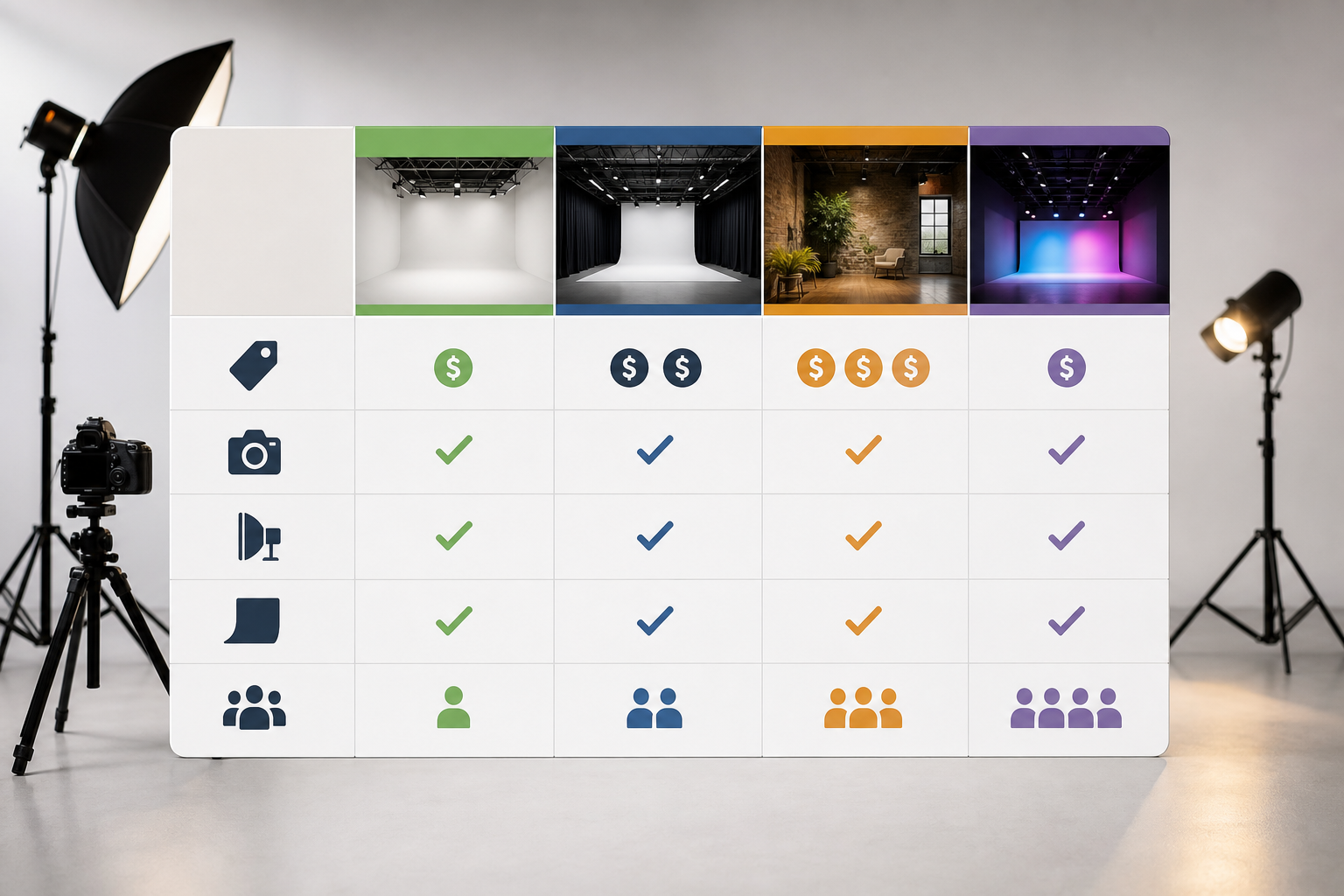 A clean, easy-to-read comparative table visual or chart representing studio features. Use profession