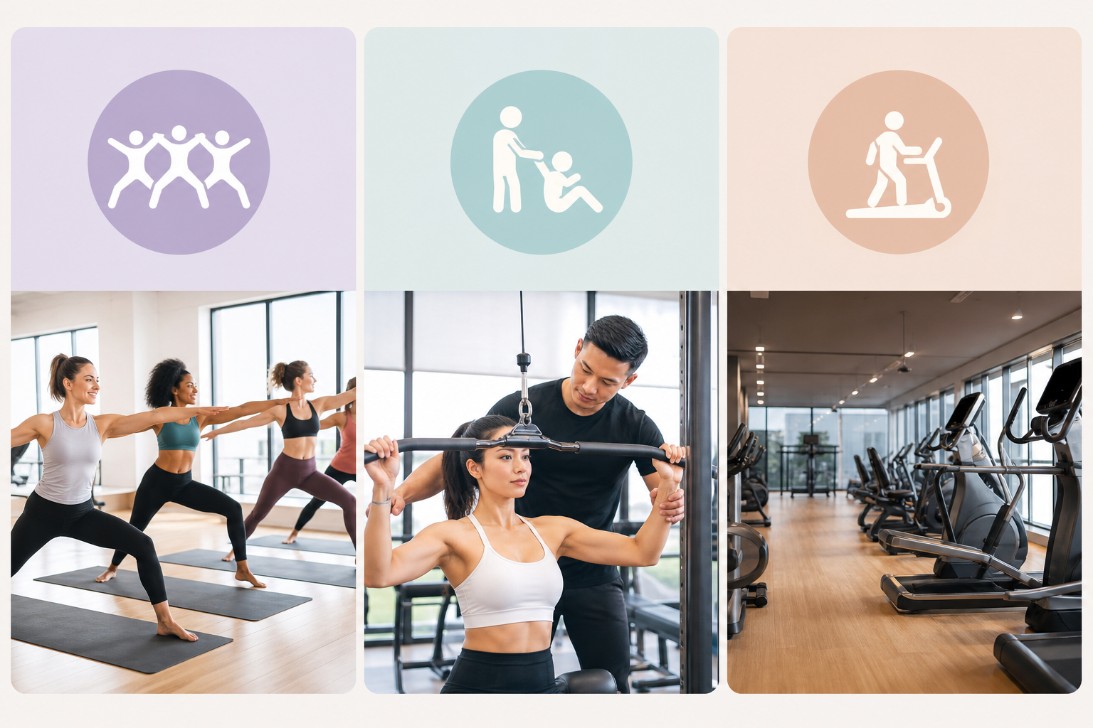 A clear and professional infographic comparison chart showing different types of fitness studios, ic