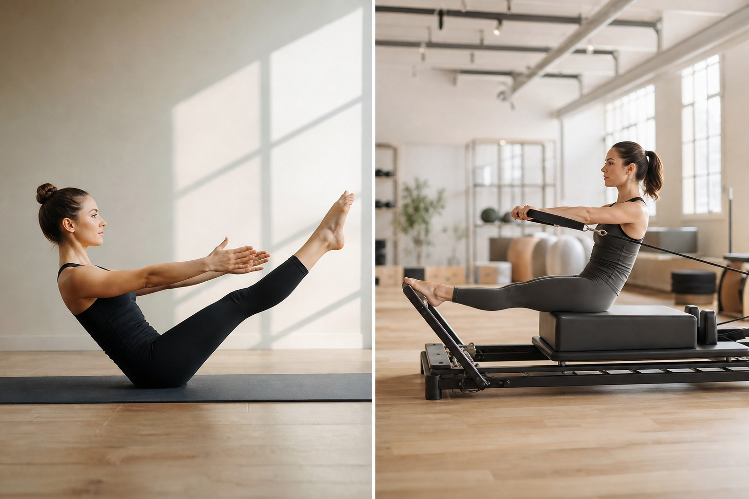 Side-by-side comparison illustration of 'mat pilates' and 'machine pilates'. On the left, a person d