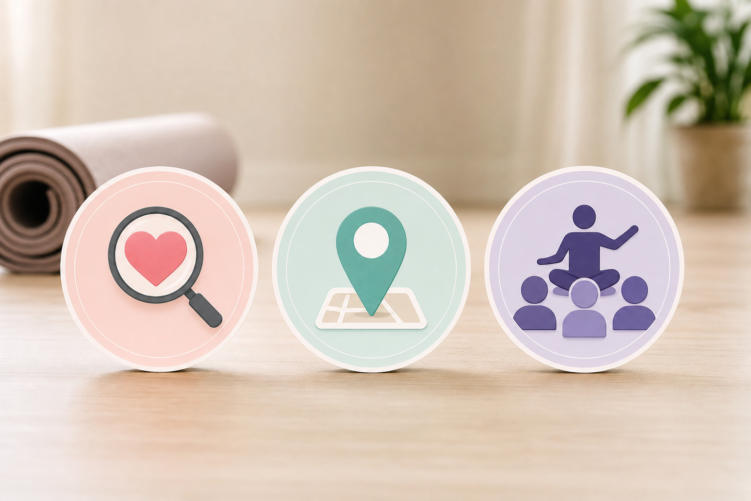 An illustration or flat icon graphic showing three circular icons representing key factors: 1. A mag
