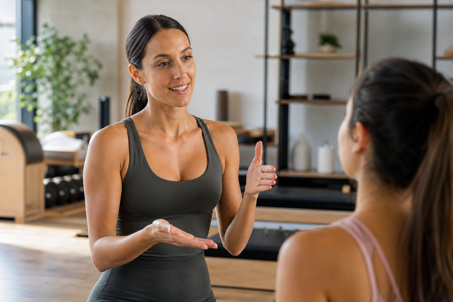 A professional illustration of a friendly female pilates instructor talking and gesturing with her h