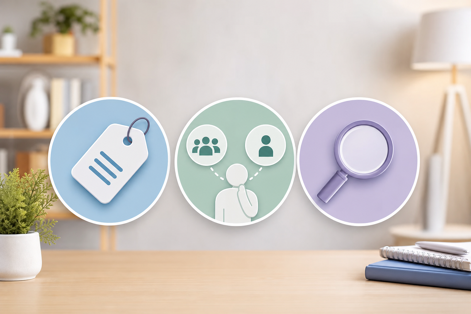 An infographic illustration showing three distinct icons: a price tag icon representing 'Affordable