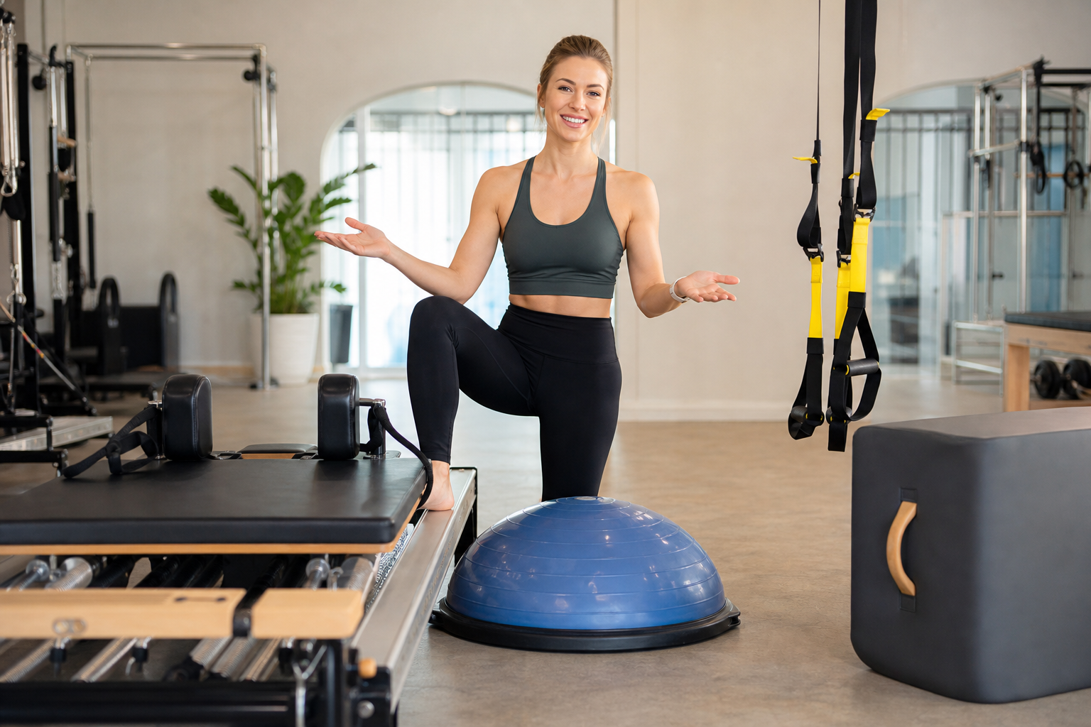 A friendly Pilates instructor demonstrating a variety of specialized equipment like Reformer, BOSU b