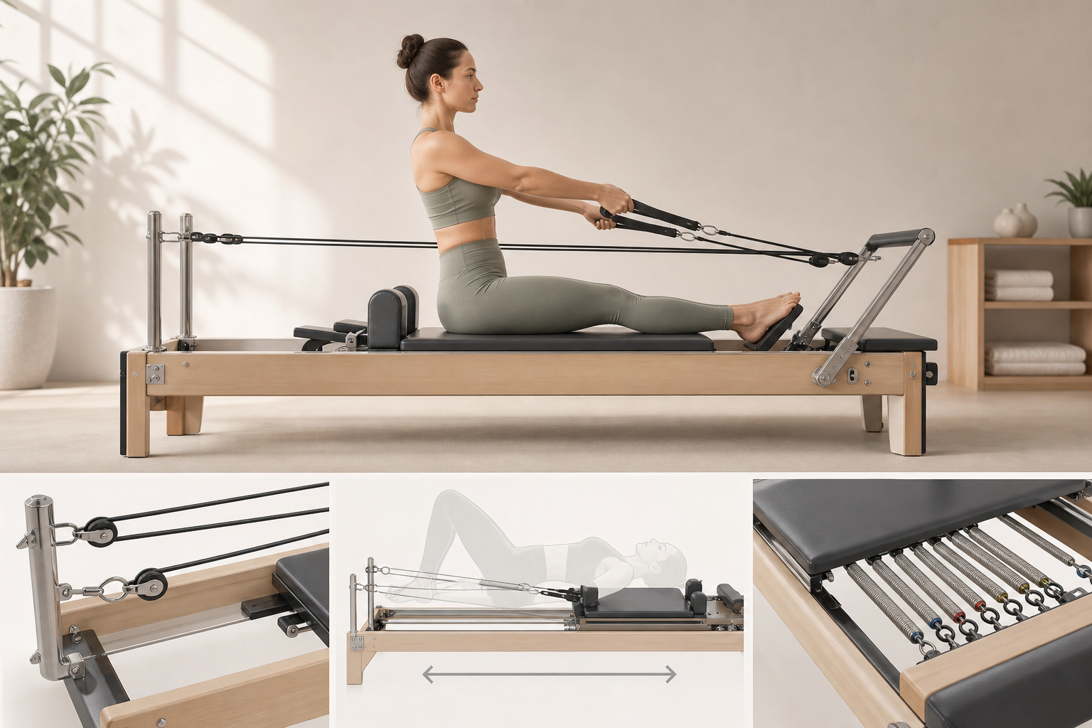 Diagram illustrating how a Pilates reformer machine works with springs, pulleys, and sliding carriag
