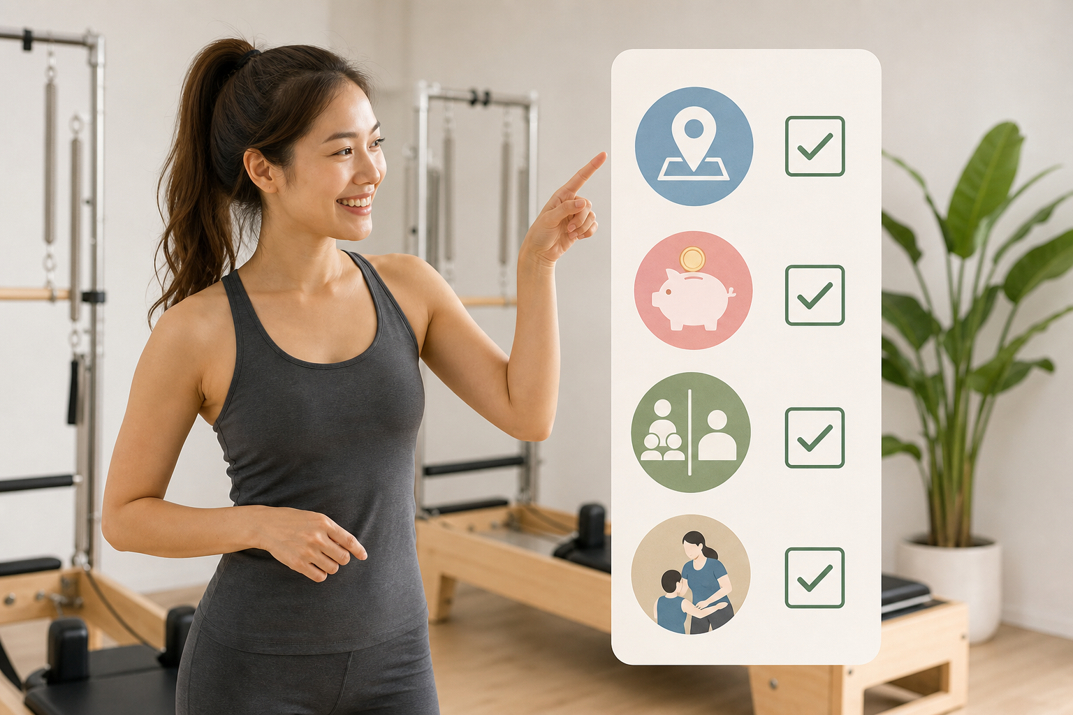A checklist infographic design showing key factors for choosing a pilates studio: location (map icon