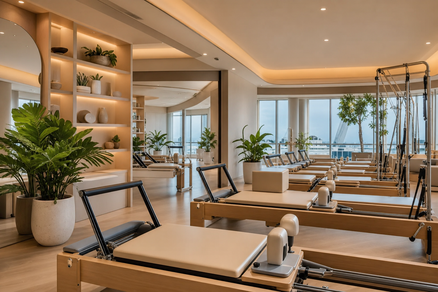A stylish, high-end, clean pilates studio space in Yokohama with multiple reformer machines arranged