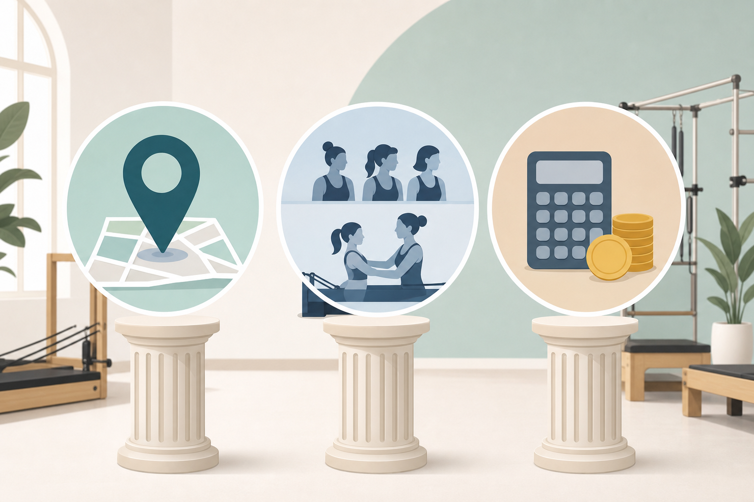 An illustration showing three key pillars for choosing a pilates studio: 'Location' represented by a