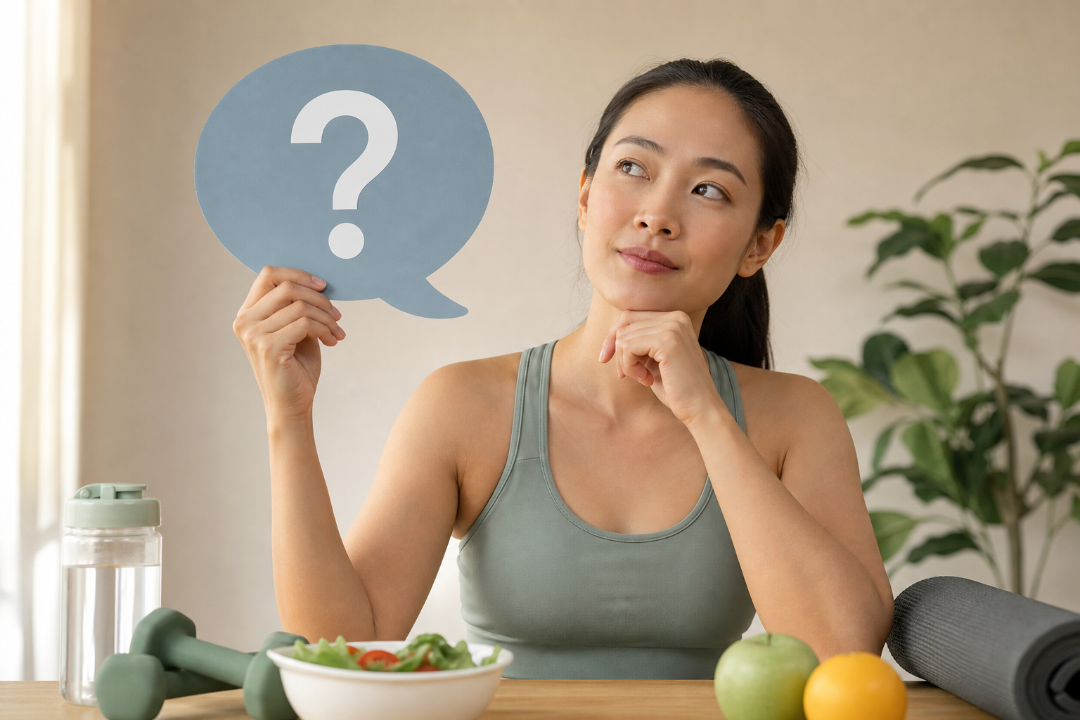 An illustration of a person with a thoughtful expression holding a speech bubble containing a questi