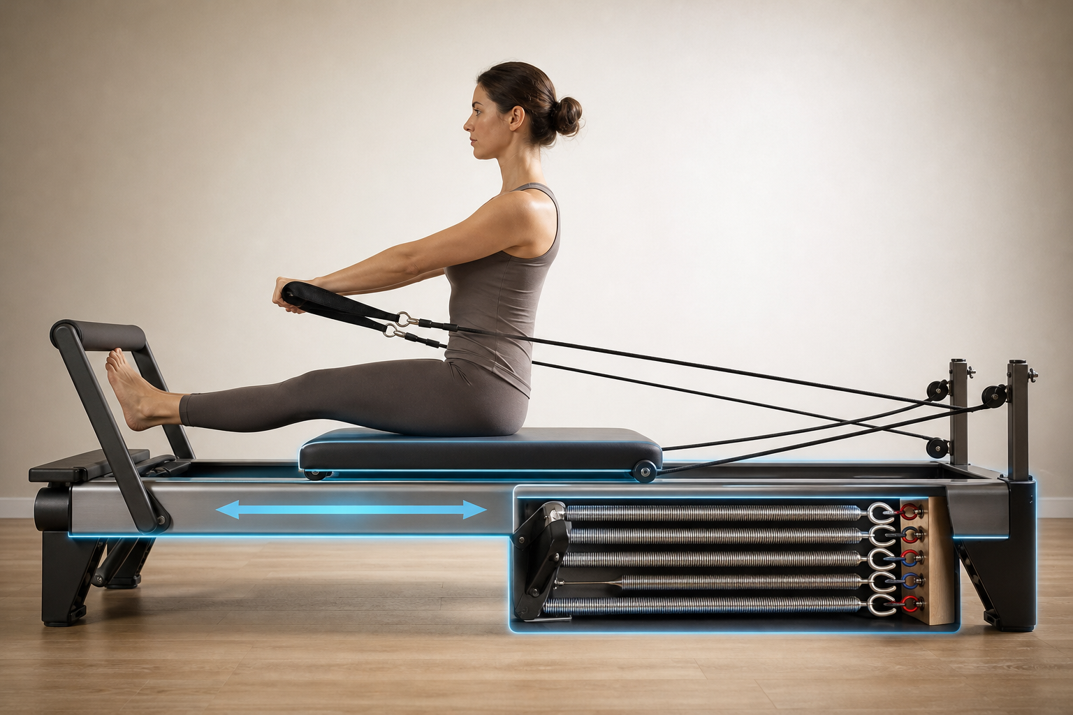 An illustration or diagram showing the mechanism of a Pilates Reformer machine. Clearly highlighting