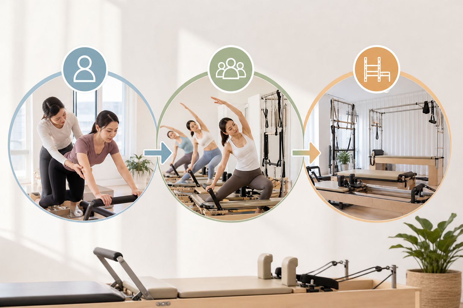 An informative illustration showing three simple steps to choose a pilates studio: checking trial le
