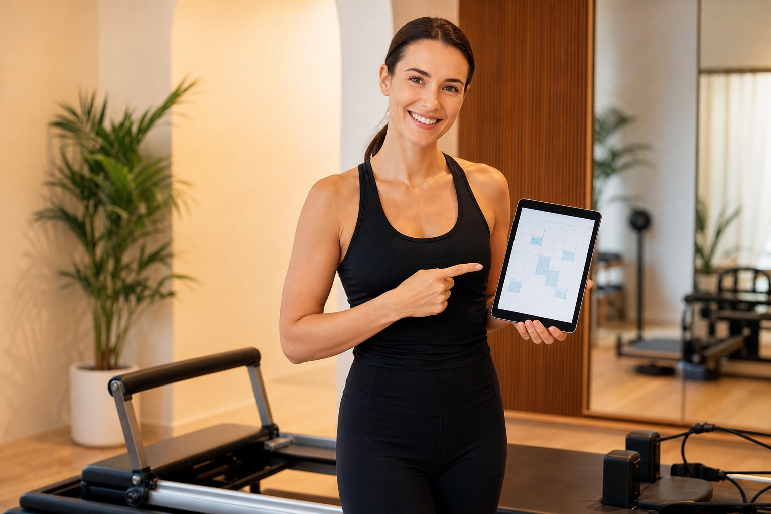 A friendly, professional pilates instructor pointing at a training plan on a tablet while standing n