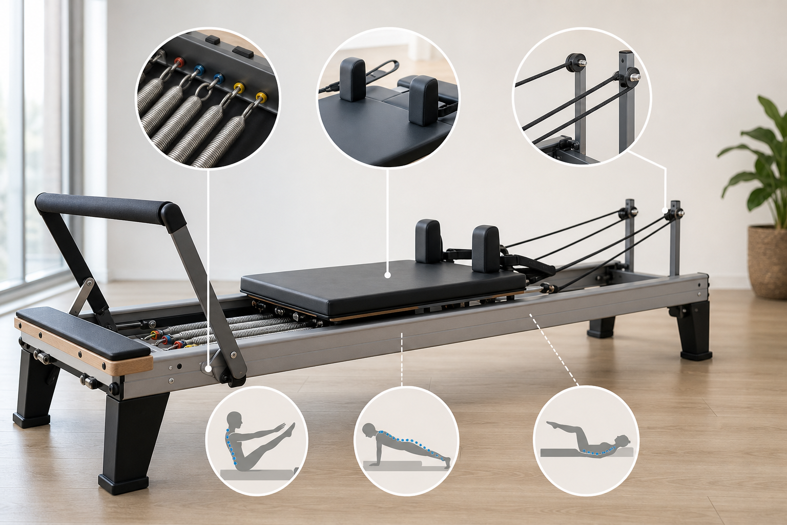 Educational infographic illustration showing the basic structure of a Pilates reformer machine, high