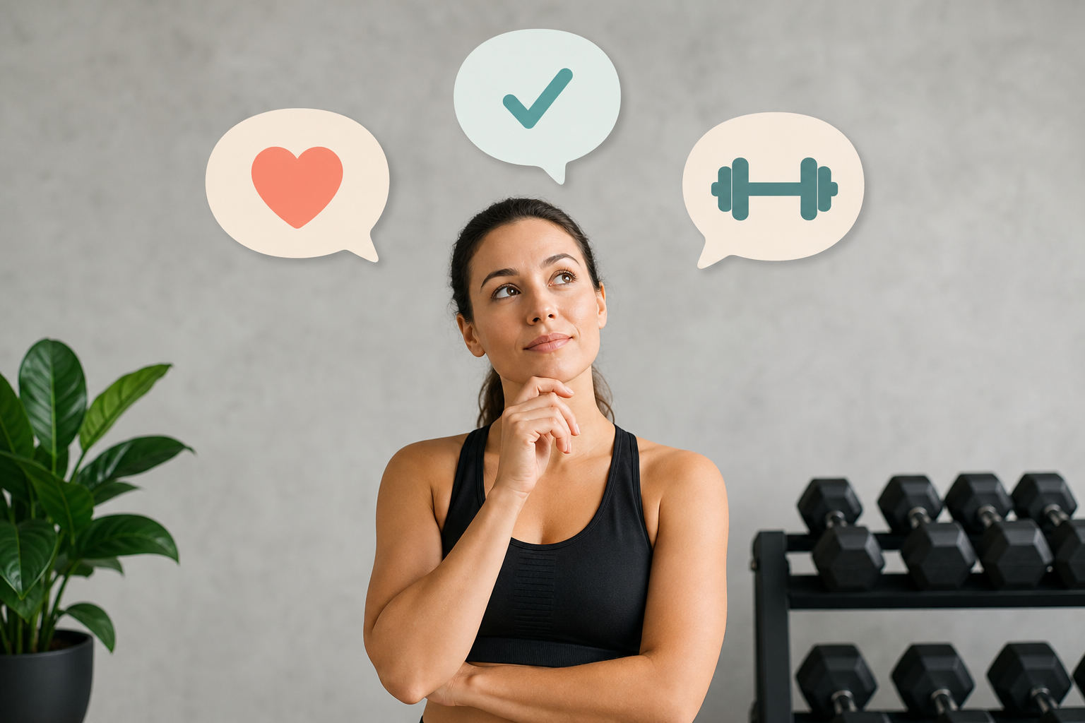Conceptual illustration for a Q&A section about fitness, featuring a person looking thoughtful with 