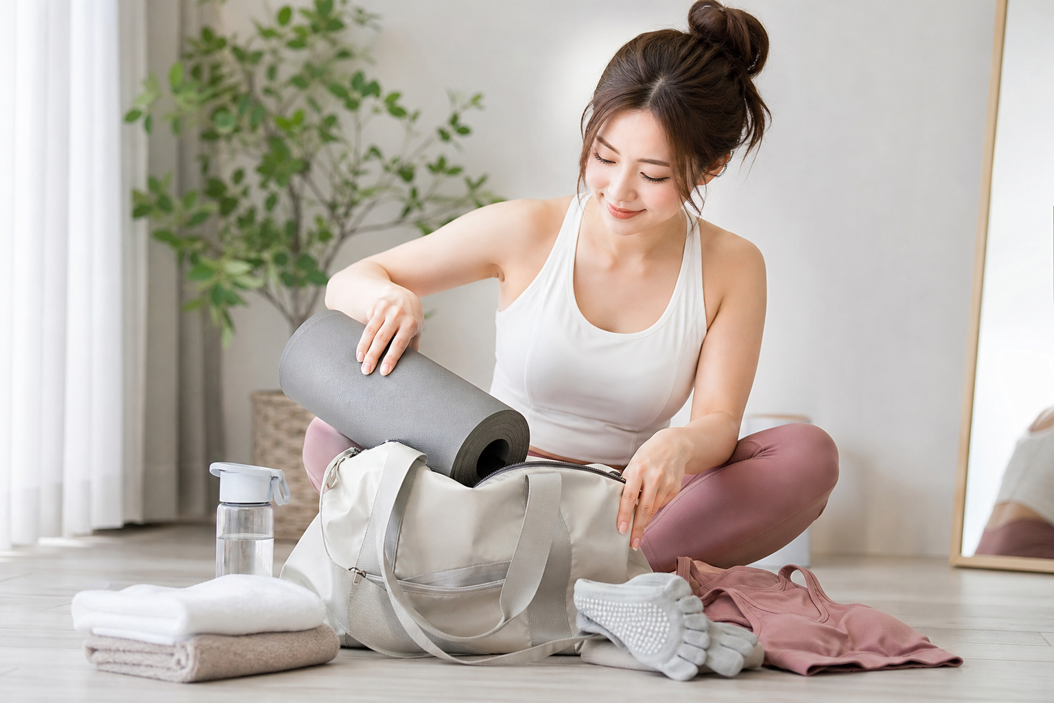 ピラティスの体験レッスンに行く準備をしている女性のフラットイラスト。ヨガマット、動きやすいウェア、滑り止め付きソックス、タオル、飲み物などの必要なアイテムを並べ、これから出かけるワクワク感がある様子。