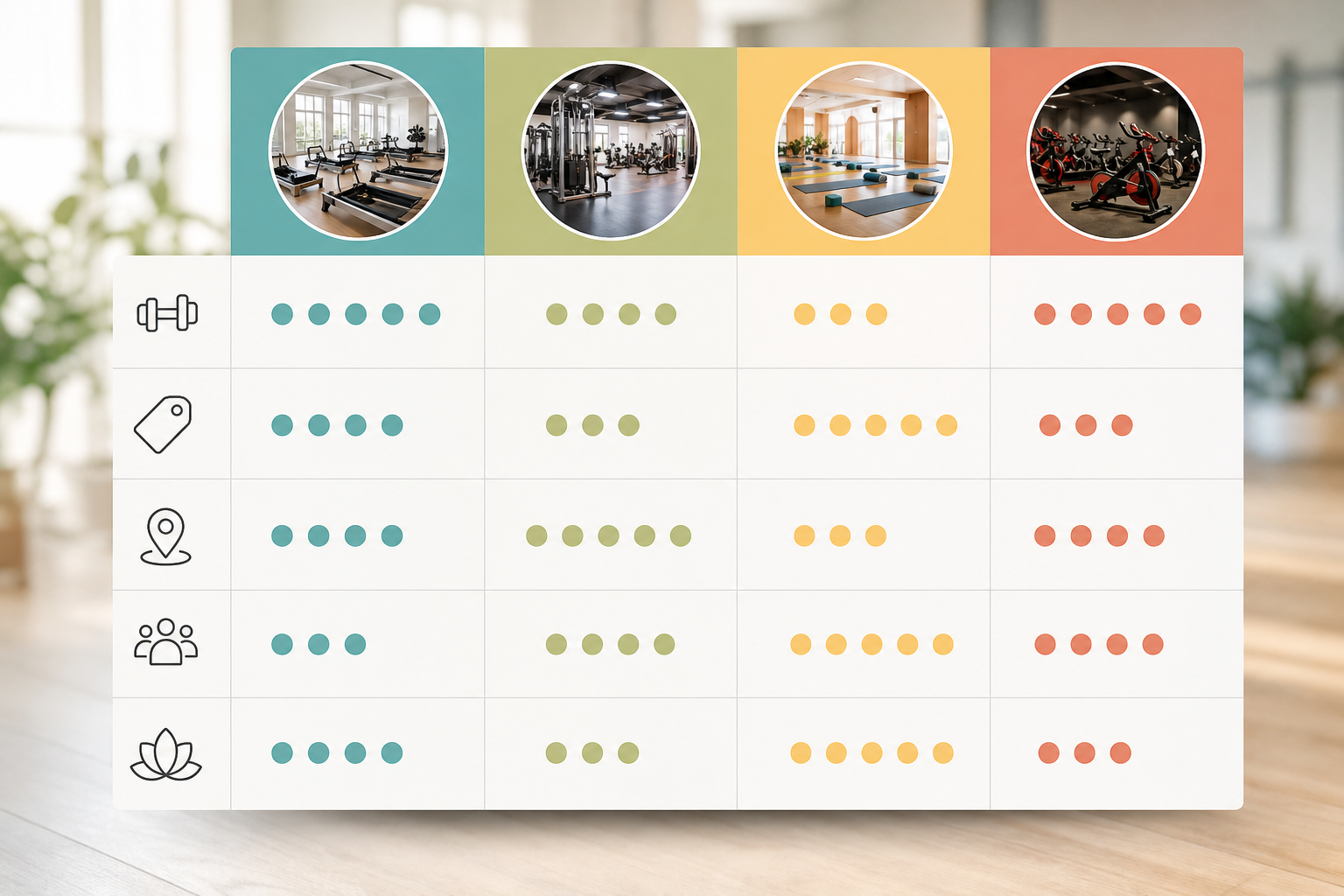 A clear, professional comparison table visualization showing icons of different studio features (lik