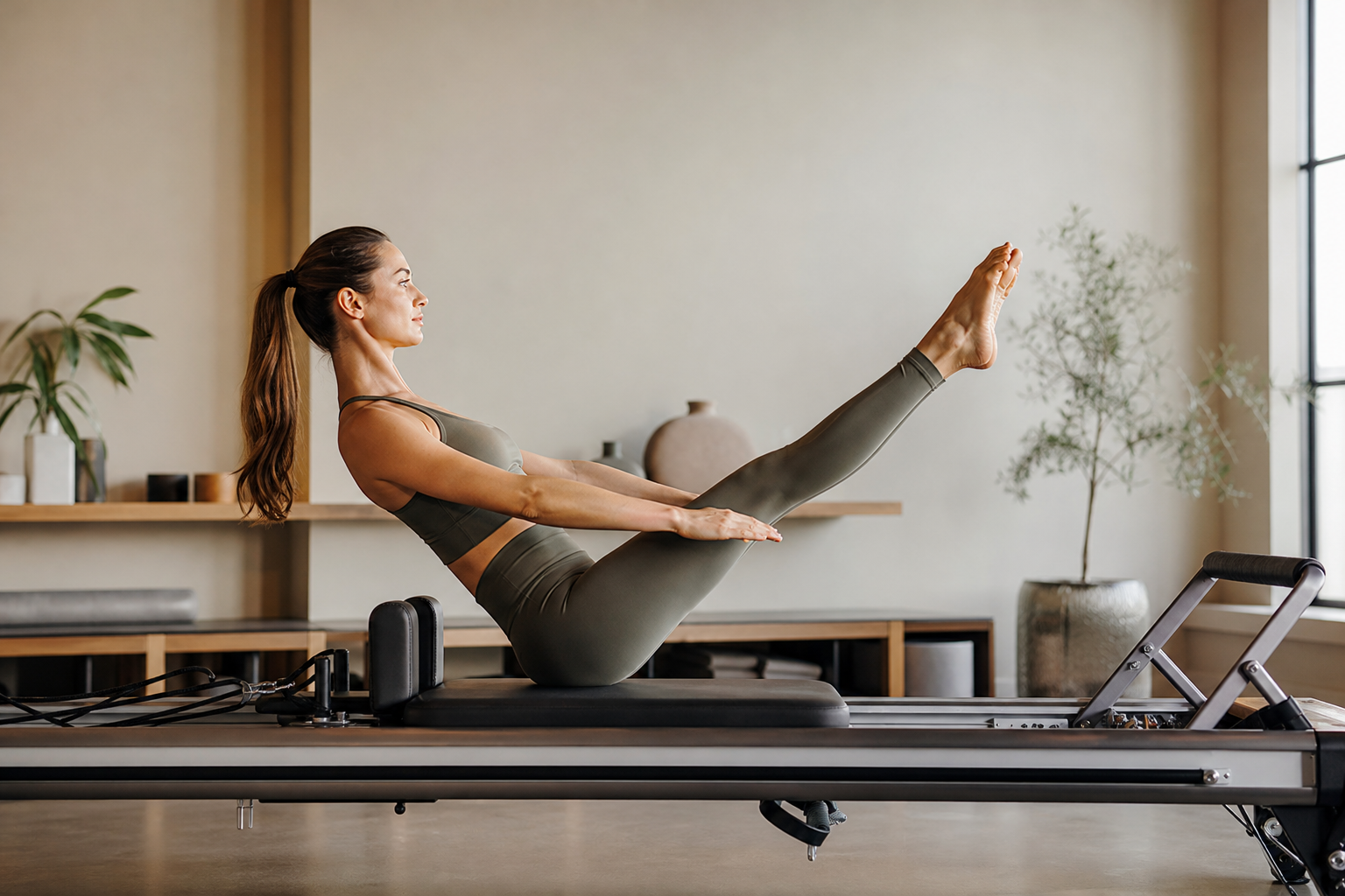 A warm, inviting conceptual illustration of a person confidently using a professional pilates reform