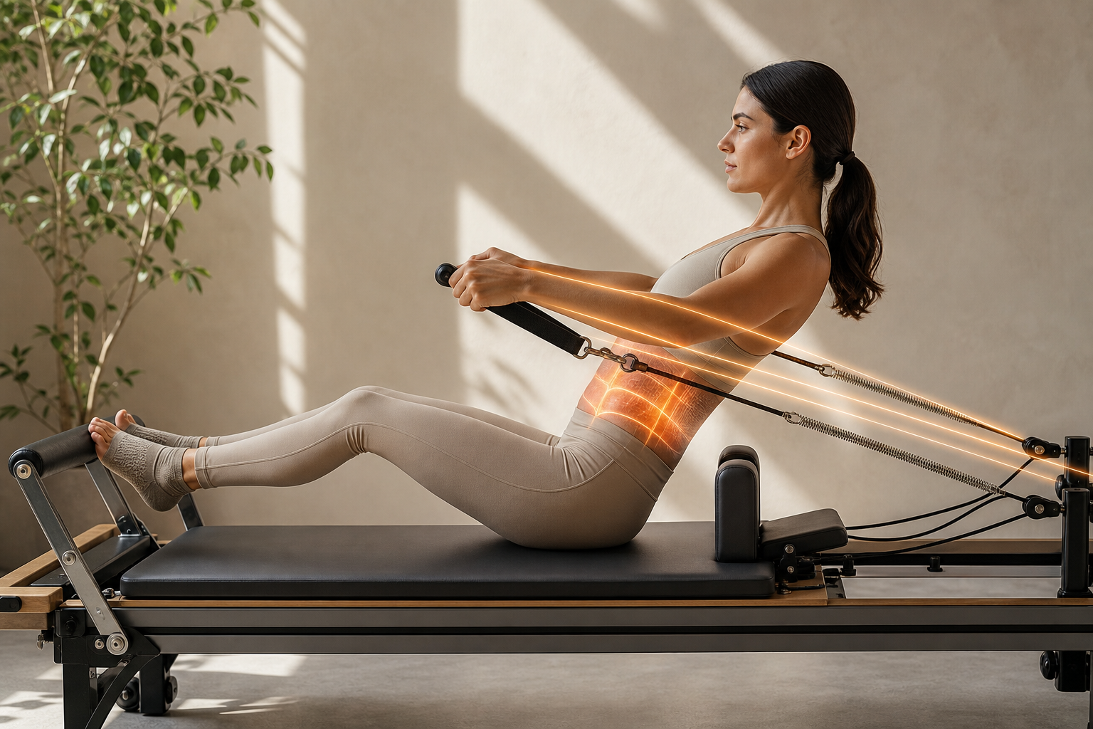 Detailed illustration showing how a pilates reformer machine works. A person is using the springs of