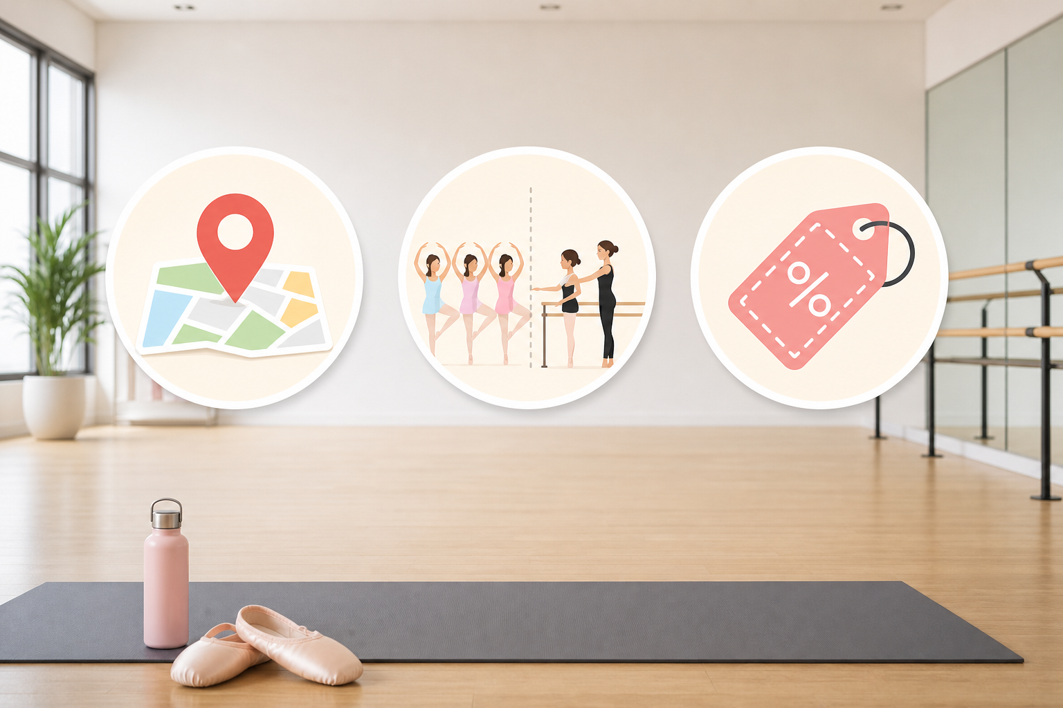 A visual guide illustrating three key decision points for choosing a studio: an icon of a map/locati
