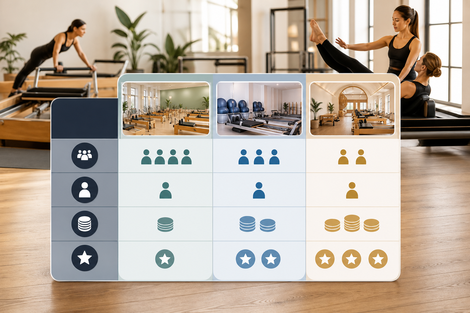A professional infographic comparing pilates studios. Features a clean table-like layout with icons