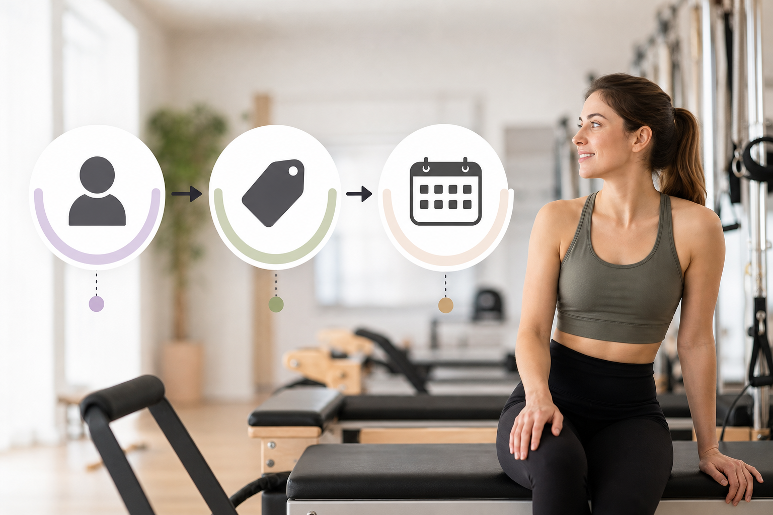 An infographic showing the step-by-step process of choosing a Pilates studio: 1. Check programs (Gro