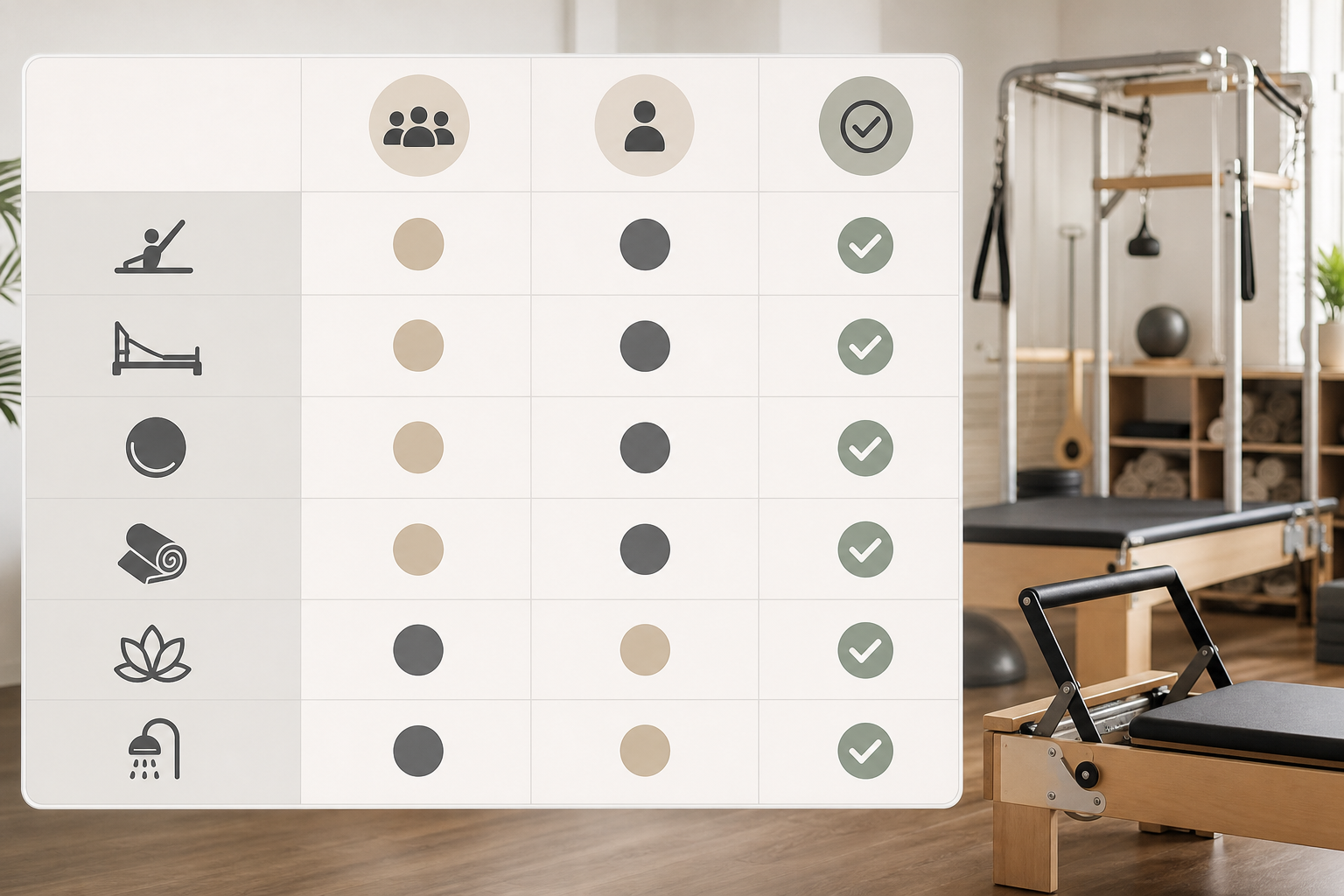 A comparison table concept visual showing rows of various Pilates studio features, displaying icons
