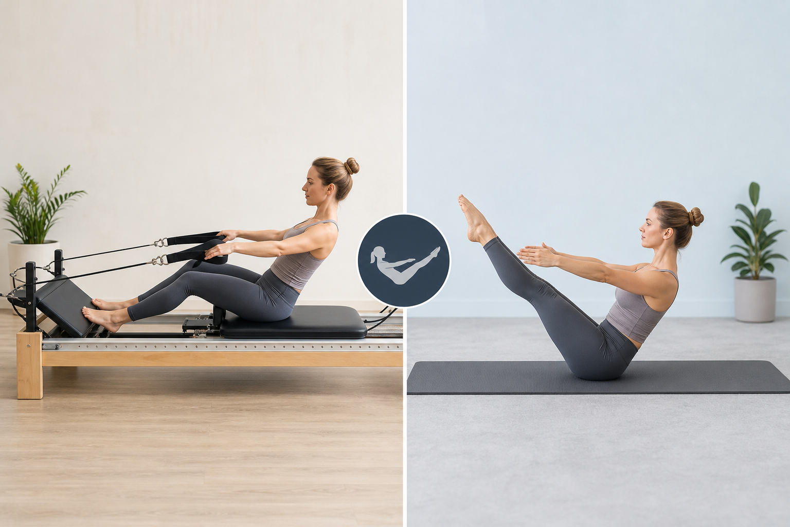 Side-by-side comparative illustration or diagram showing the difference between 'Machine Pilates' us