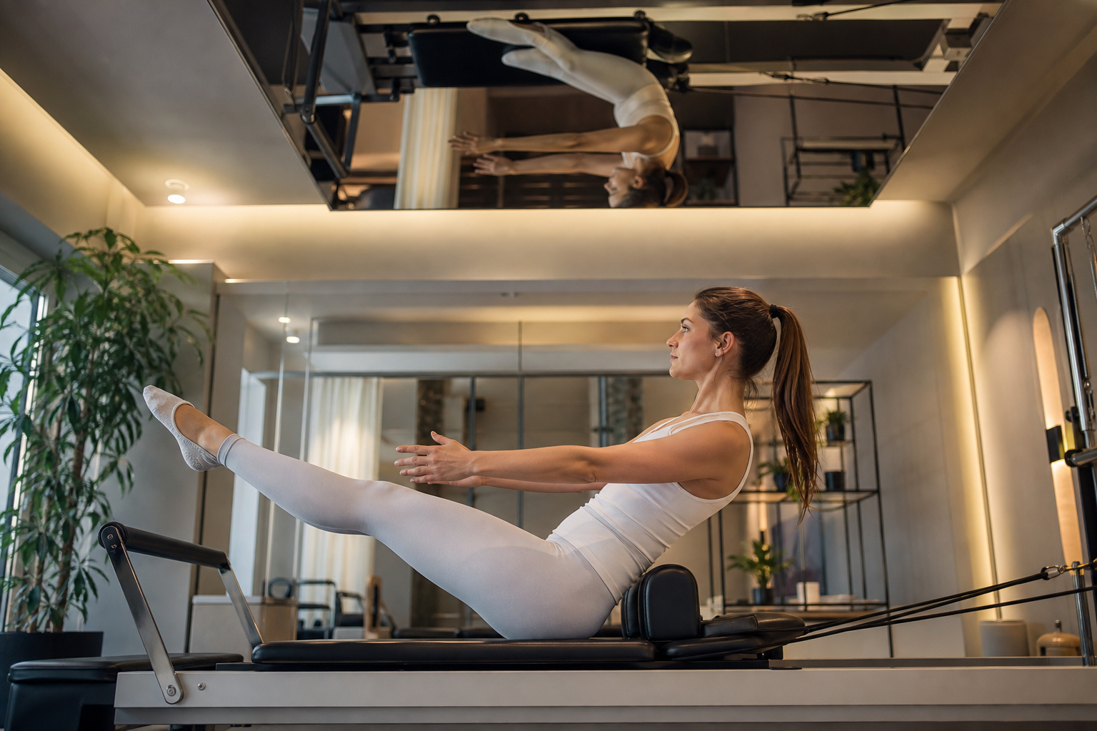A modern studio interior with large ceiling mirrors where a woman is doing pilates exercises on a re